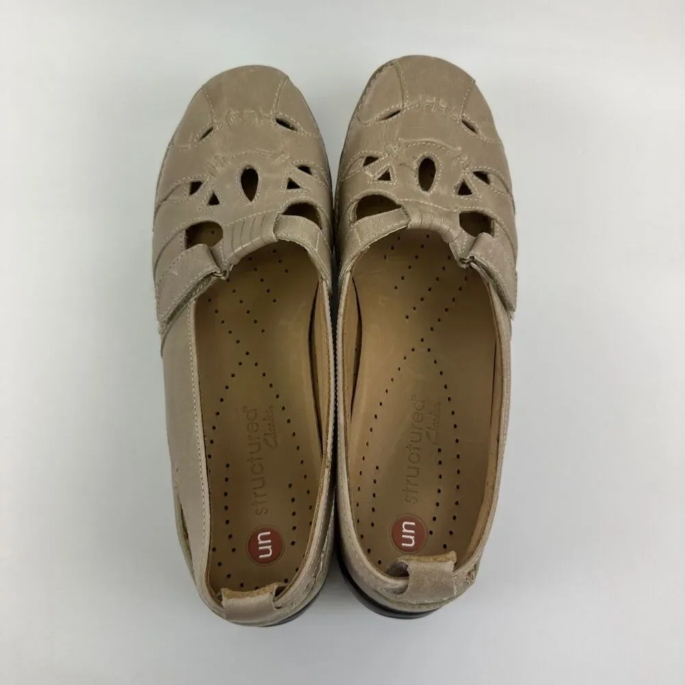 Clarks Unstructured Leather‎ Flat Loafer Cut Outs Sandal Tan Comfort Womens 10